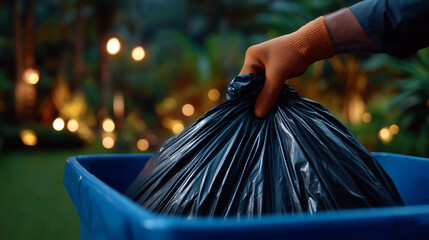 A close-up scene of a personâs gloved hand carefully lifting a full black garbage bag and placing it into a blue recycling bin outdoors. Soft natural light, blurred green backgroun