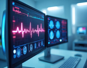 Modern medical monitors display vital signs. Heart rate cardiogram data, brain scans shown on screens. Medical diagnosis monitoring equipment used in healthcare. Brain analysis, research concept.