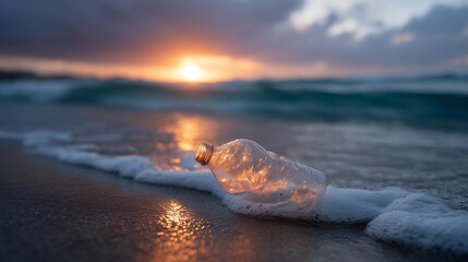 Sunset beach scene with gentle golden light reflecting on shallow waves, a plastic bottle and tangled trash lying on the wet sand near the shoreline, soft ripples washing over the