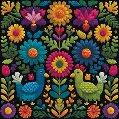 Colorful seamless pattern with textured clay-style birds, flowers, and leaves on dark background. Cheerful folk-art design great for fabrics, decor, and packaging.. Vector illustration