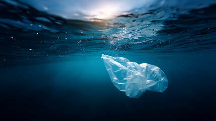 Underwater view of a plastic bag drifting slowly beneath the water surface, deep blue ocean tones, sunlight shimmering through gentle waves above, small floating debris scattered a