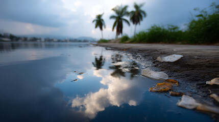 Polluted shoreline scattered with plastic bottles, food containers, and trash beside still reflective water. Palm trees mirrored on the surface, muddy ground, environmental destruc