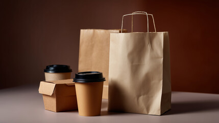 A clean, minimalist top-view flat lay composition featuring eco-friendly disposable food packaging arranged aesthetically on a beige and brown background. The scene includes kraft