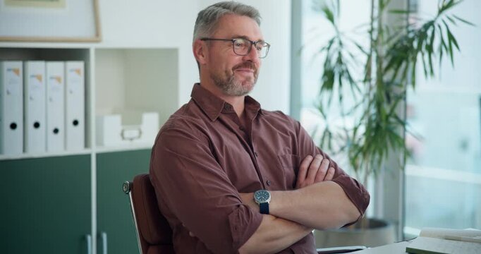 Financial advisor, computer and man in office, arms crossed and relax with profit increase. Mature person, pride and accountant in workplace, pc and bookkeeping with smile, risk management or success