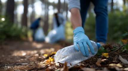 A group of young volunteers cleaning up a forest, picking up plastic bottles and litter scattered on the ground. Close-up focus on a hand wearing protective gloves picking up a cru