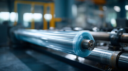 A close-up view of an automatic plastic bag production machine in operation. Large industrial rollers rotate smooth transparent plastic film, reflecting cool blue lighting. The mac