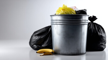 A realistic 3D render of an overflowing metal garbage can surrounded by two full black trash bags. The lid rests loosely on top, with various colorful waste items sticking out from