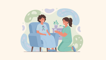 Healthcare worker giving water to a patient with an awareness ribbon home care and support concept