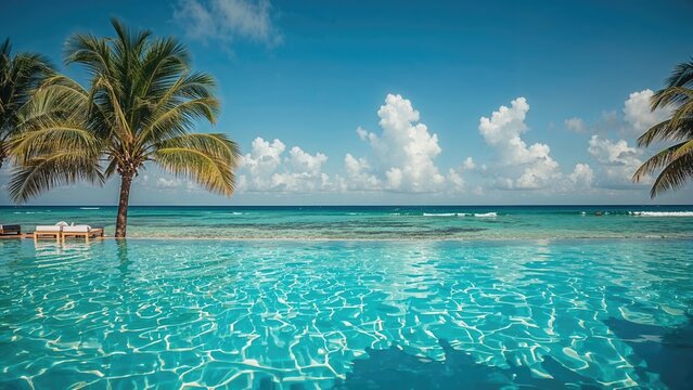 Tropical paradise with clear blue water, palm trees, and a bright sky.