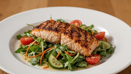 Grilled fish fillets served on a fresh salad with cherry tomatoes, cucumber, and greens. Healthy seafood and vegetable dish.