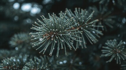 Close-up of pine tree branches with dew drops, showing needles and moisture on the surface. Nature and winter scenery, macro shot. The image of a pine tree's needles with dew.
