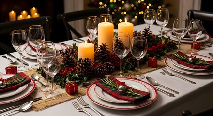 Festive holiday table setting with candles and pinecones