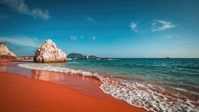 Scenic beach with large rocks, ocean waves, and blue sky, calm coastal landscape, natural seaside environment, and vibrant shoreline scenery