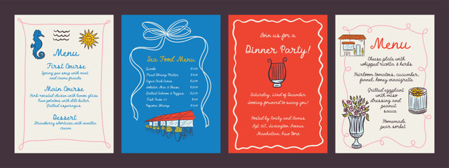 Whimsical hand drawn invitaion and menu template in trendy hand drawn style. Perfect doodle for wedding  poster, dinner and bar menu, bachelorette party, birthday invitation