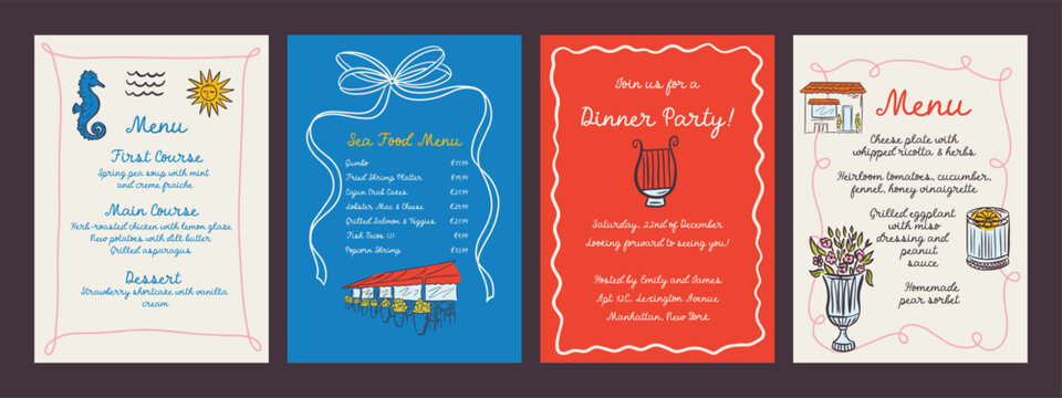 Whimsical hand drawn invitaion and menu template in trendy hand drawn style. Perfect doodle for wedding  poster, dinner and bar menu, bachelorette party, birthday invitation - Powered by Adobe