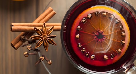 Warm spiced wine with orange and cinnamon sticks