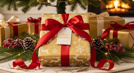 Festive holiday gifts wrapped with red bows under a tree