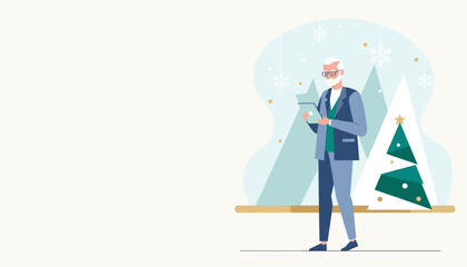 Senior businessman uses tablet by a stylized Christmas tree winter holiday technology