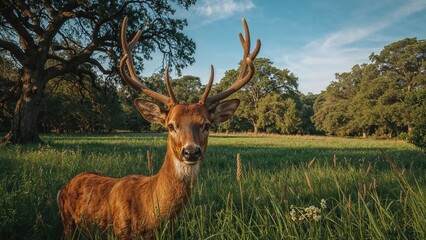 Obraz premium A deer with large antlers in a grassy field with trees and a blue sky, natural wildlife scene, outdoor environment, and forest landscape.