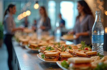 Corporate office party food spread. Many small sandwiches, appetizers on long table. Water bottle visible. Business people chat, eat, enjoy catering. Colleagues gather for celebration, work event,
