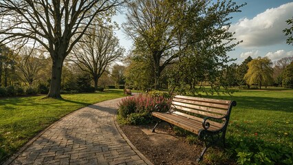 Fototapeta premium A peaceful park scene with a winding brick path, mature trees, and a wooden bench under a partly cloudy sky during autumn.