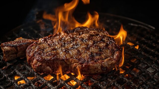Grilled steak cooking over an open flame on a barbecue grill. - Powered by Adobe