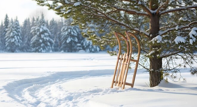 Wooden sled leans against a snow covered pine tree - Powered by Adobe