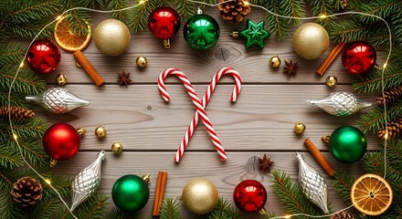Festive holiday arrangement with ornaments and candy canes on wood
