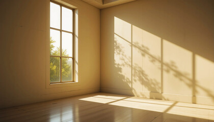Fototapeta premium Sunlight streams through tall window casting shadows on empty room walls