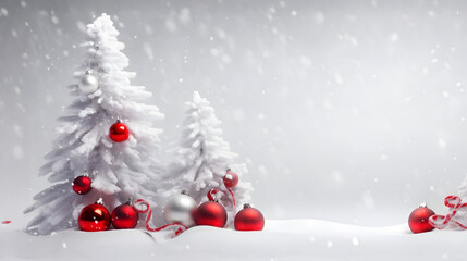 Red Christmas balls in a row with white trees covered with snow and snowfall on abstract background in winter. Horizontal composition.