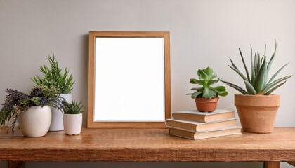 serene wooden frame mockup with potted plants and books on a rustic tabletop