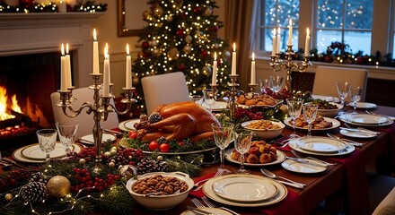 Festive holiday feast ready for celebration by a warm fireplace