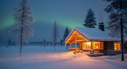 Cozy cabin under the northern lights in a winter wonderland