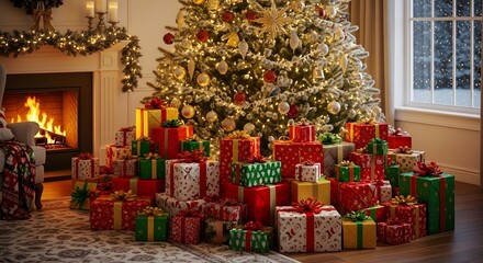 Festive christmas tree surrounded by abundant presents by a fireplace