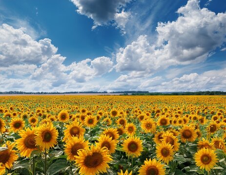 sunflower field stretches under a bright blue sky with white clouds in the background in summer
