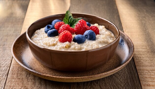 aromatic creamy porridge topped with fresh raspberries and blueberries served in a rustic bowl on a textured plate - Powered by Adobe