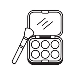 Open makeup palette with six eyeshadows and a brush