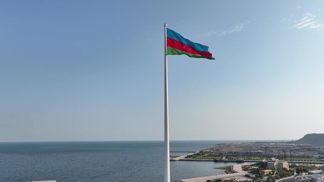 Azerbaijan Drone: National Flag Flying over Coastal City