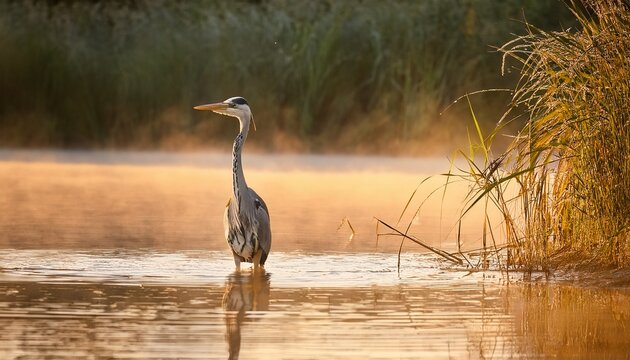 grey heron standing in shallow water near reeds during early morning light with mist rising