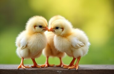 Three cute yellow baby chicks standing on wood. Little chickens on green background, symbol of spring, new life. Newborn birds pose outdoors. Easter design element, rural lifestyle.