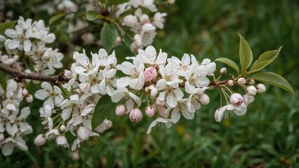 Obraz premium Cherry blossom branch with white and pink flowers in bloom, green leaves, and an outdoor background.