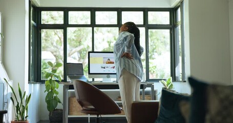 Woman, back pain and home with injury for muscle tension, overworked strain or bad posture. Frustrated, female person or sore spine with massage or stretch for accident or medical emergency in house