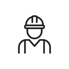Simple line art icon of a construction worker wearing a hard hat, representing labor and industry