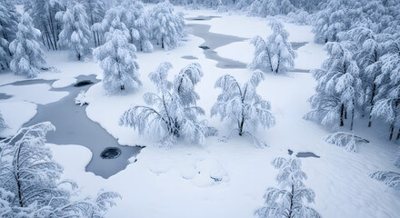 Serene snow covered forest landscape with icy river winding through trees creating a peaceful winter wonderland scene