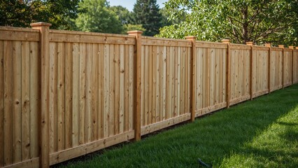 Image of a wooden fence with vertical panels installed in a backyard with green grass and trees.