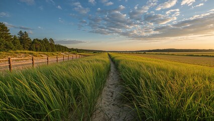 Fototapeta premium A sandy path through green field grass with trees and a partly cloudy sky at sunset.