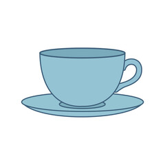 Vector illustration of an empty blue teacup and saucer, symbolizing hot beverages, tea time, relaxation, cafe menu, and kitchenware.
