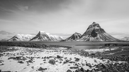 Snow-covered mountains and rocky plain in a black-and-white landscape. Mountain range and natural scenery. The image of rugged terrain and mountain peaks.