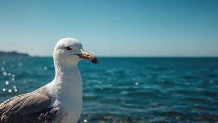 Seagull at the ocean shoreline with water in the background, sunny weather. Wildlife and nature, coastal scene. The image of a bird by the sea.