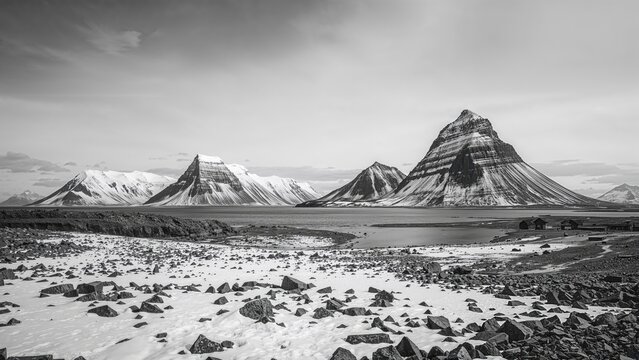 Snow-covered mountains and rocky plain in a black-and-white landscape. Mountain range and natural scenery. The image of rugged terrain and mountain peaks.